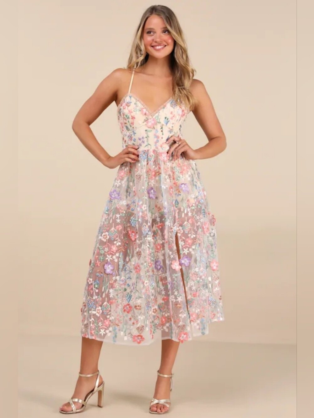 Mahryn Beige 3D Floral Embroidered Midi Bodysuit Dress